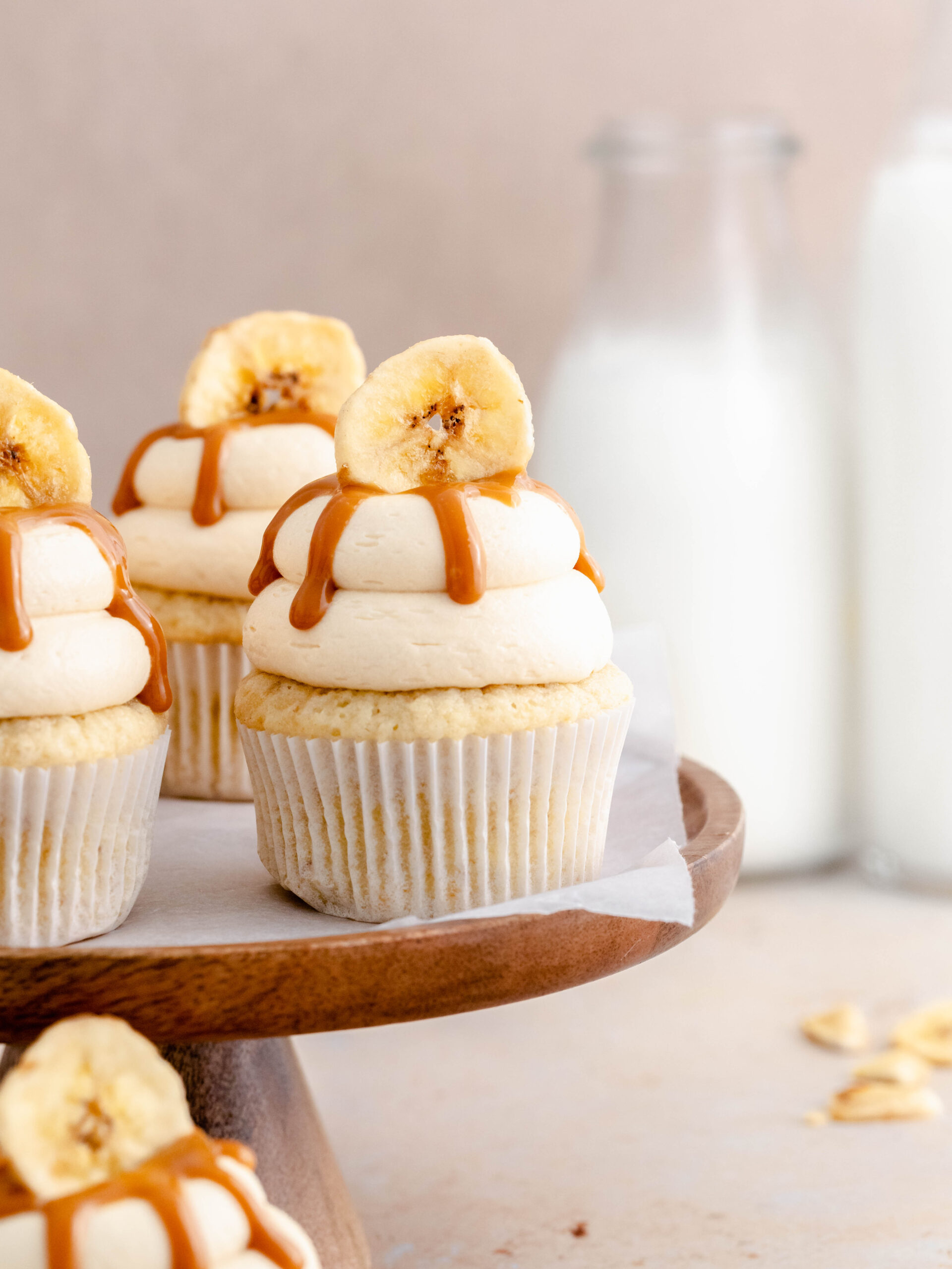 Banoffee cupcakes on a stand.