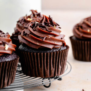 Chocolate cupcake with chocolate fudge frosting.