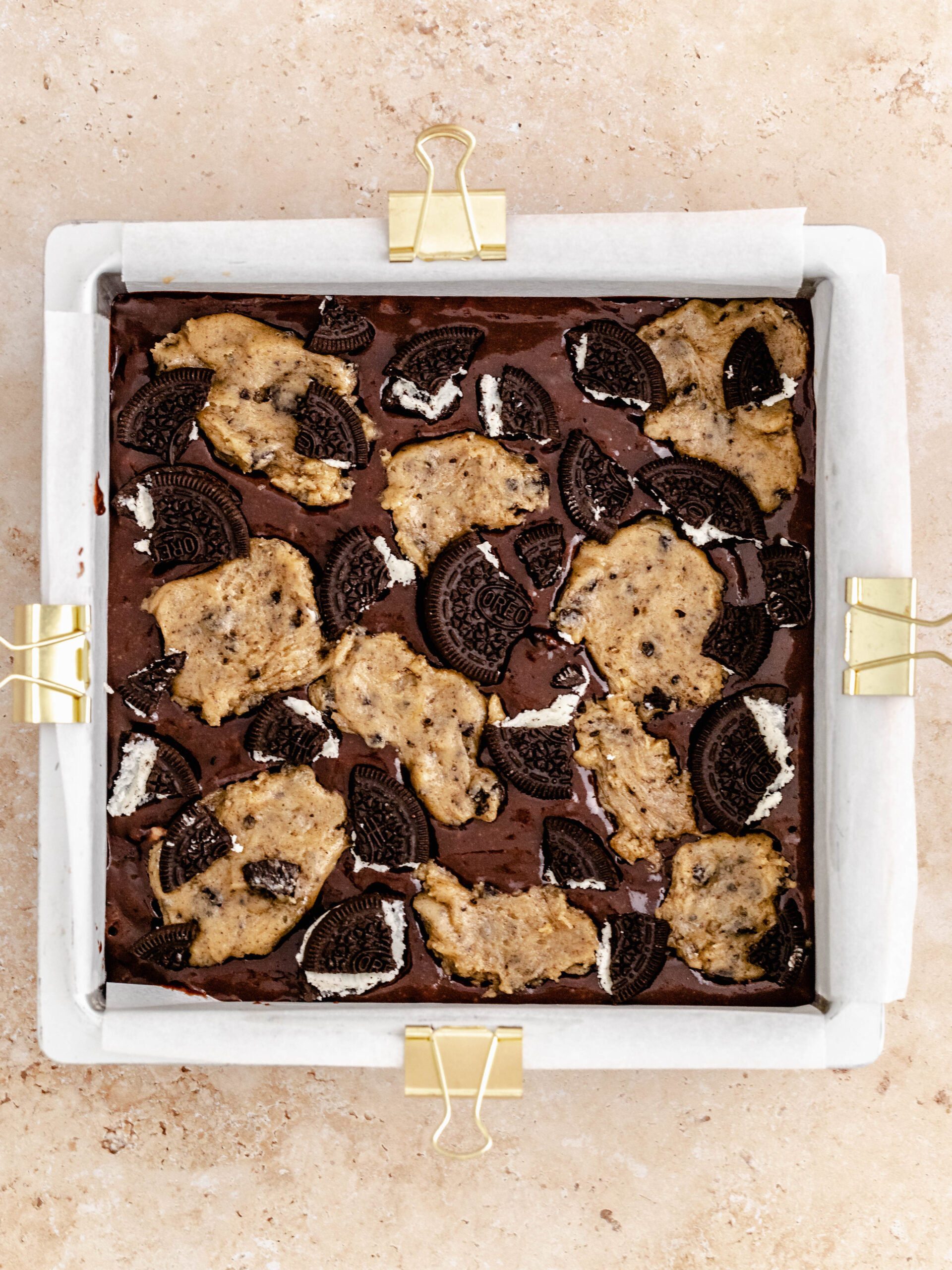 The Oreo brookie assembled in a baking pan.