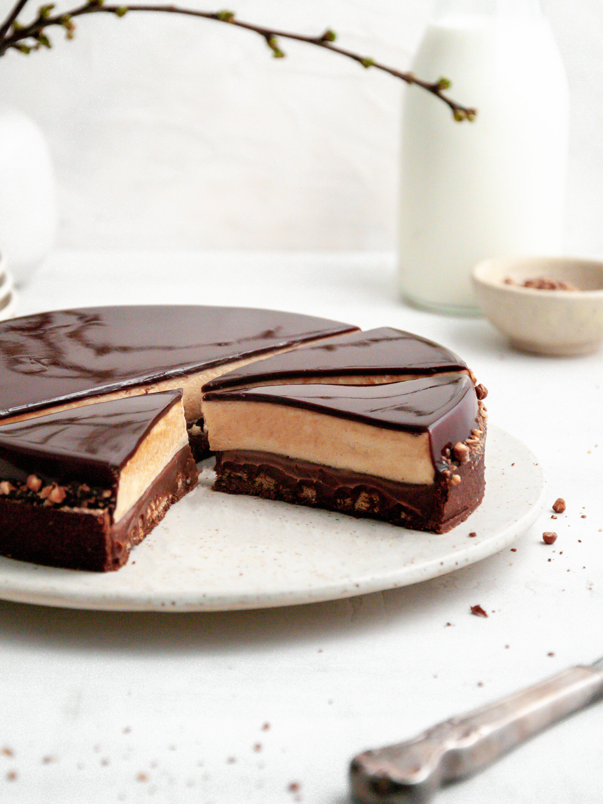 Chocolate Coffee and Caramel Tart cut into slices.