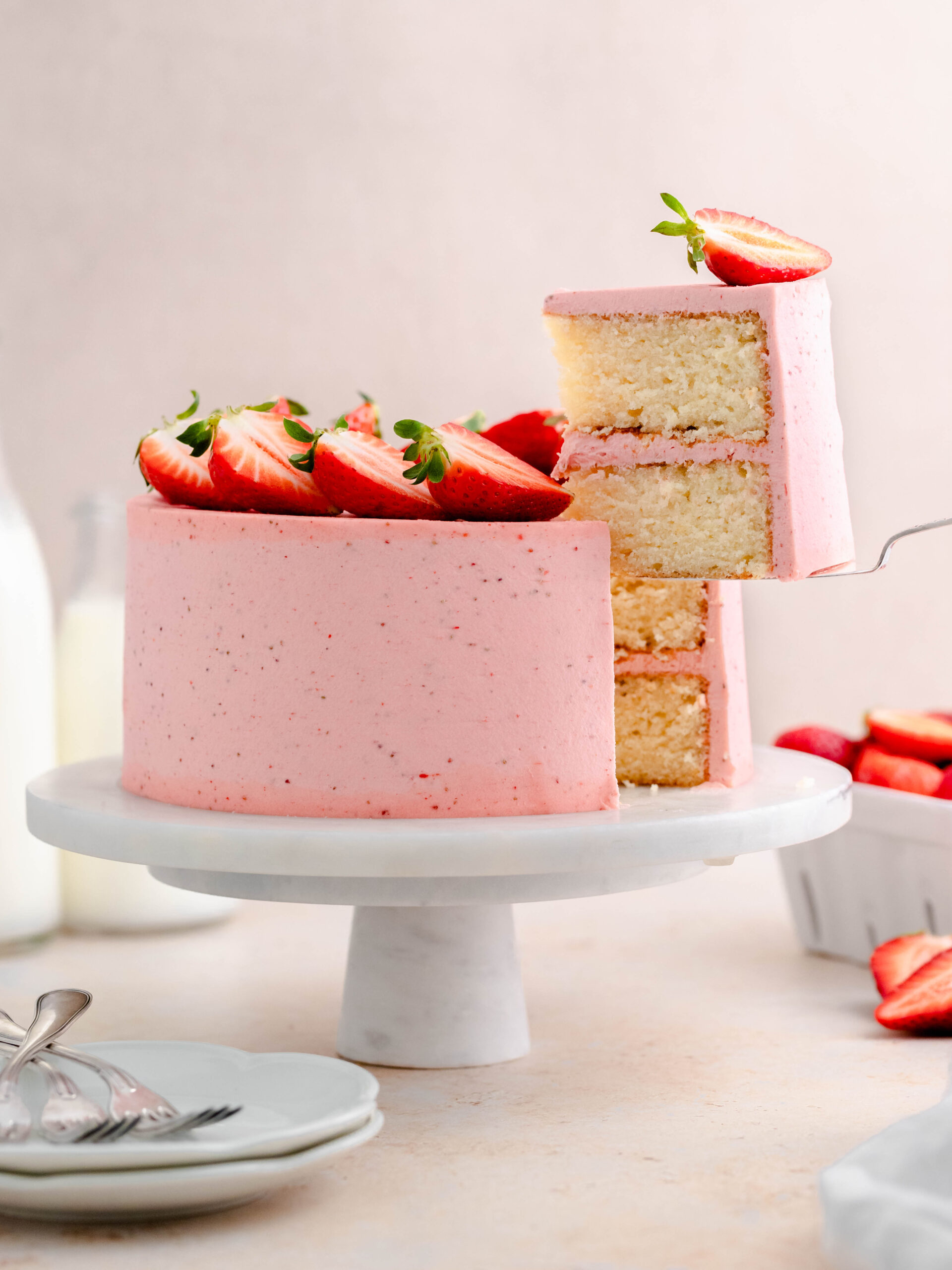 Slice of strawberry lemon layer cake.