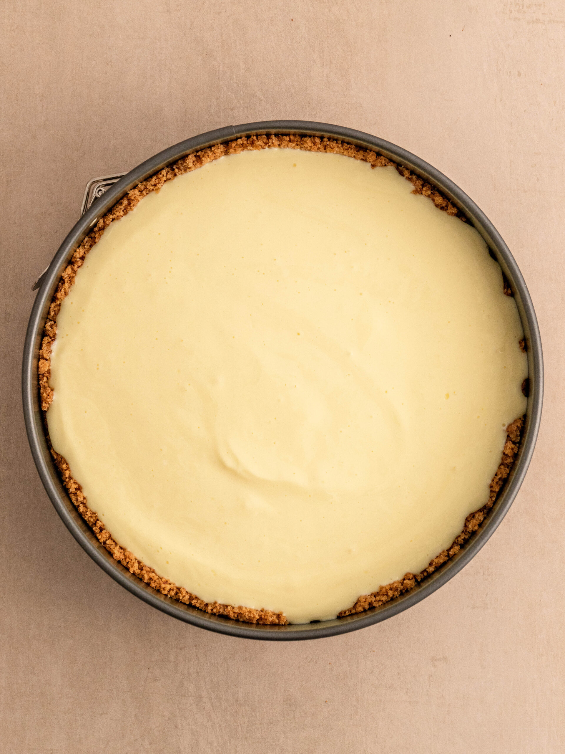 Step 6. Pour the cheesecake batter into the spring-form and bake it.