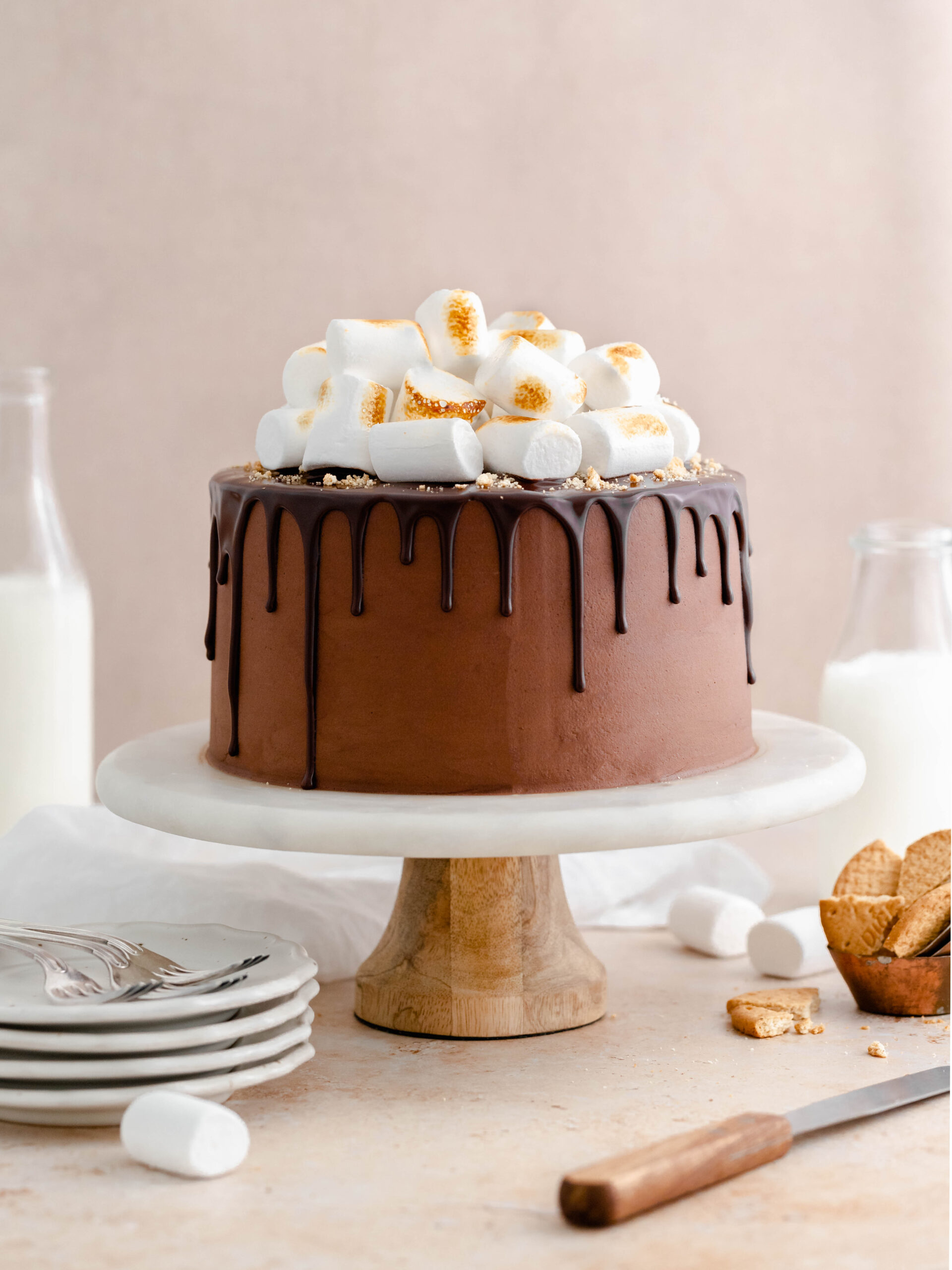 S'mores layer cake on a cake stand