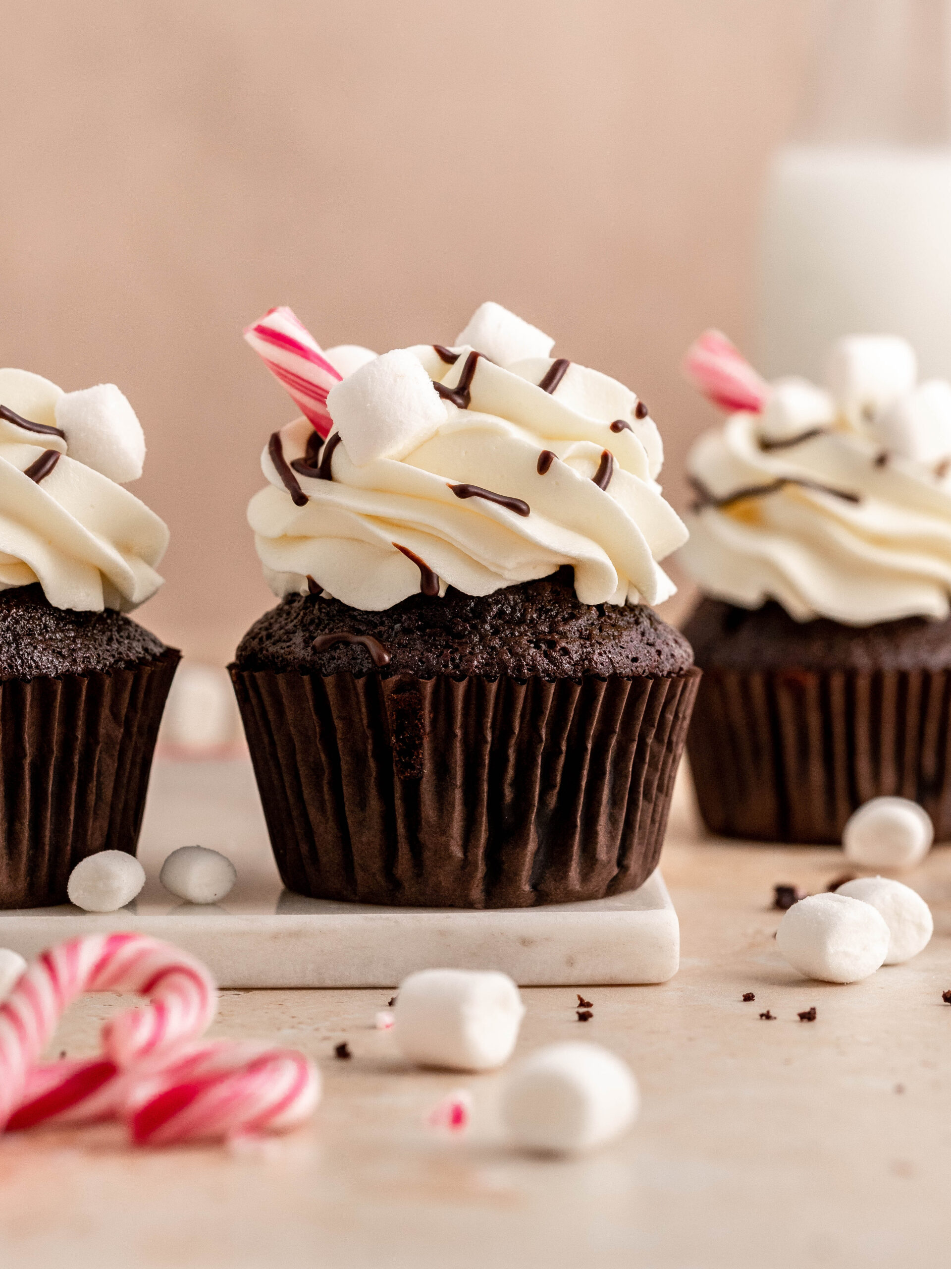 Finish them with decorating with hot fudge sauce, mini marshmallows and candy cans.