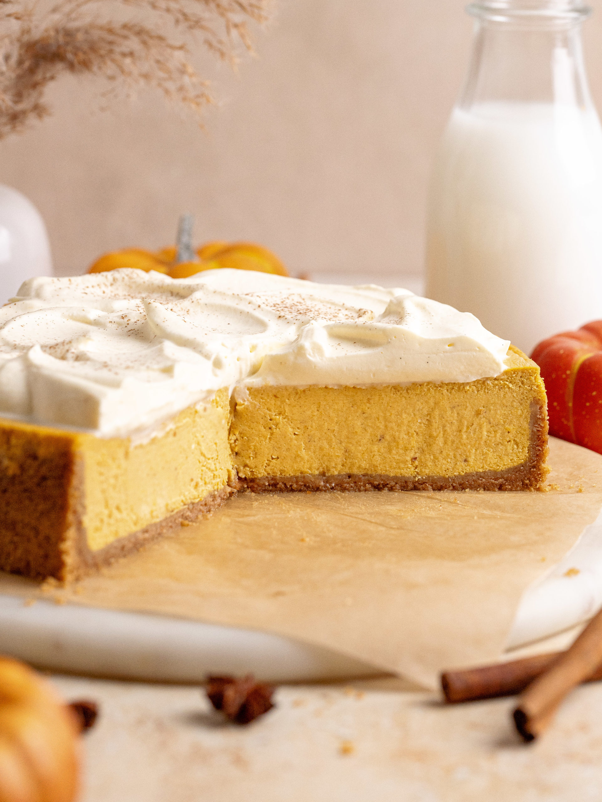 The pumpkin cheesecake on a serving plate.