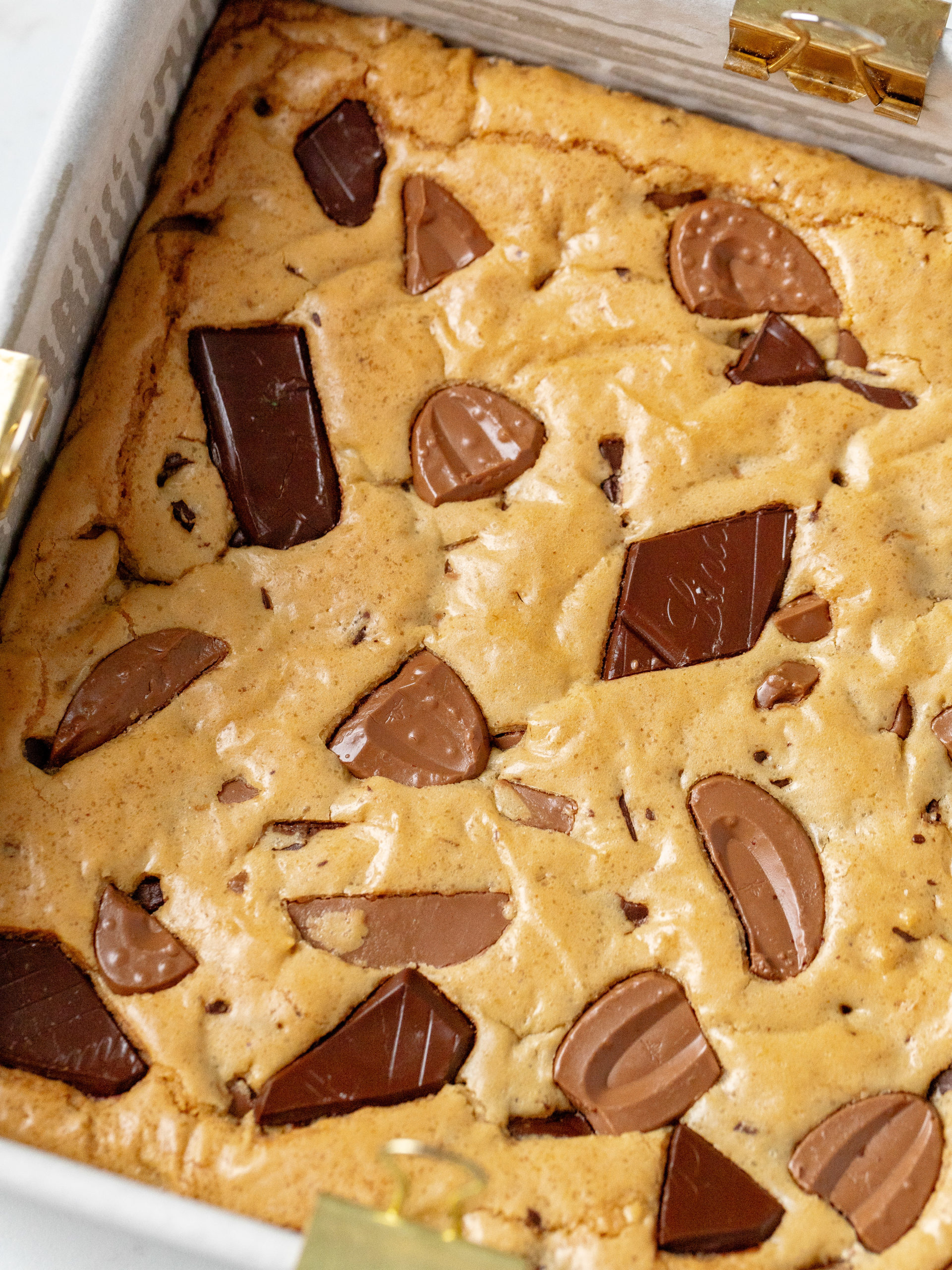 Brown butter blondies in the baking pan after it's baked.