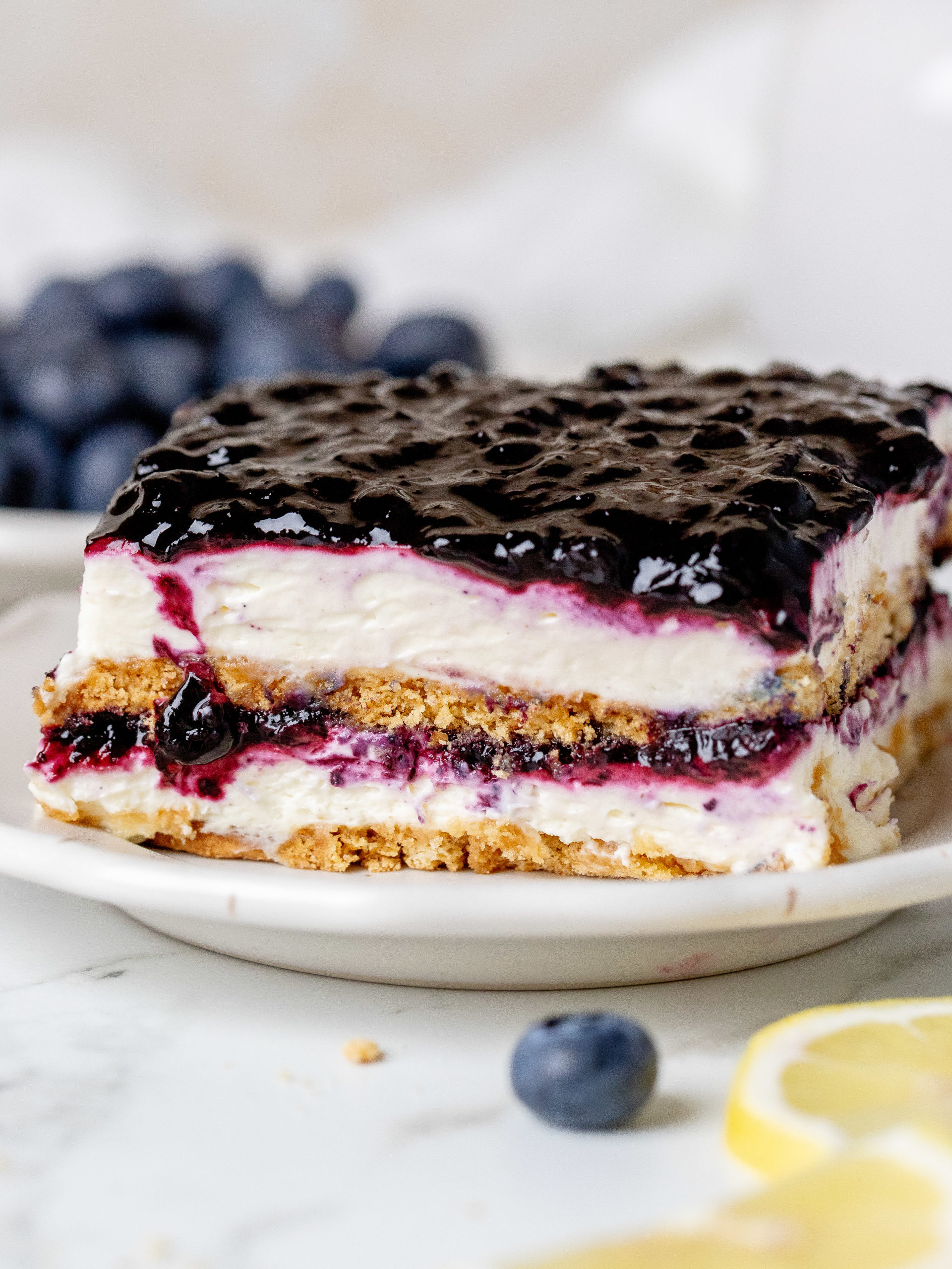 A slice No-Bake Blueberry Lemon Icebox Cake.
