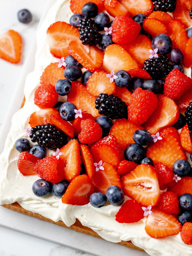 Mixed Berry Sheet Cake with Mascarpone Cream - Julie Marie Eats
