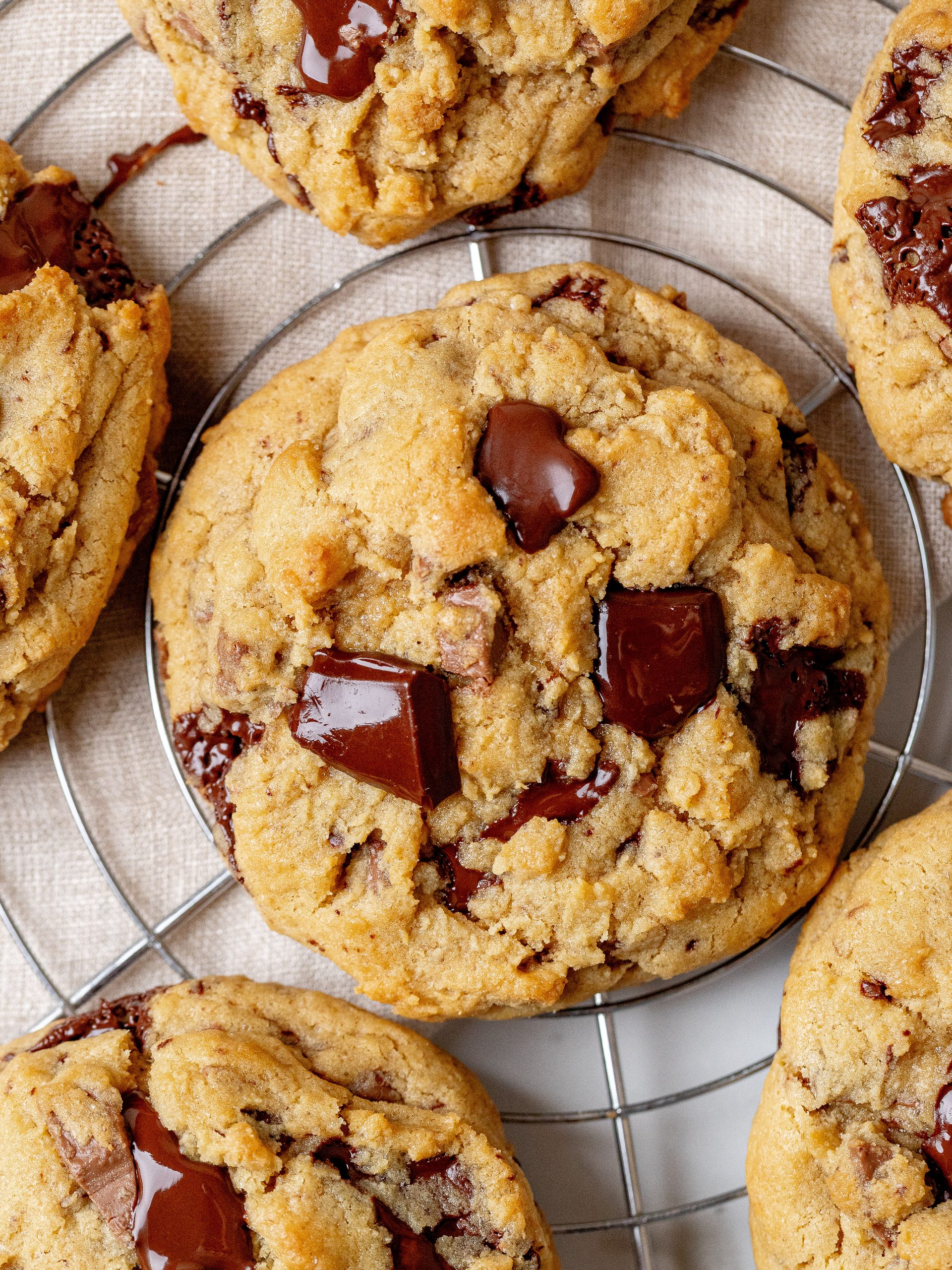 Thick chocolate chip cookies with soft centers and crispy edges