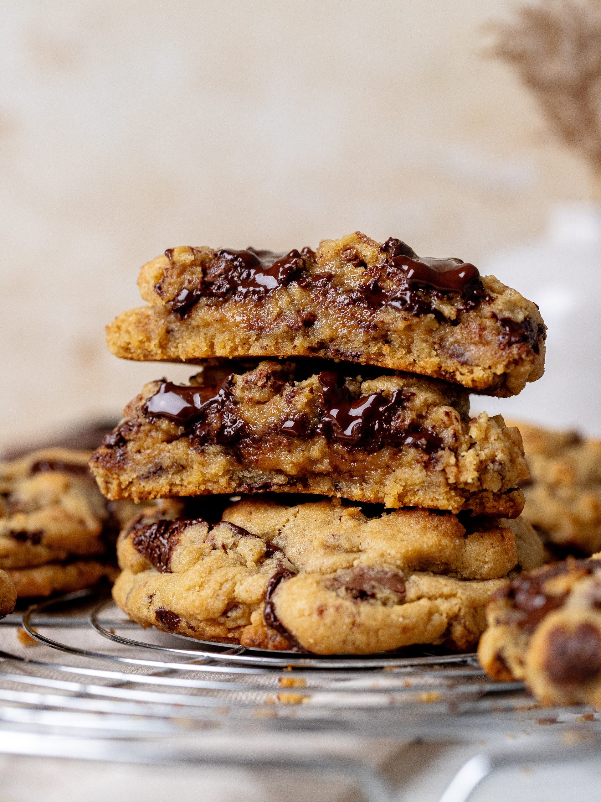 Thick chocolate chip cookies with soft centers and crispy edges