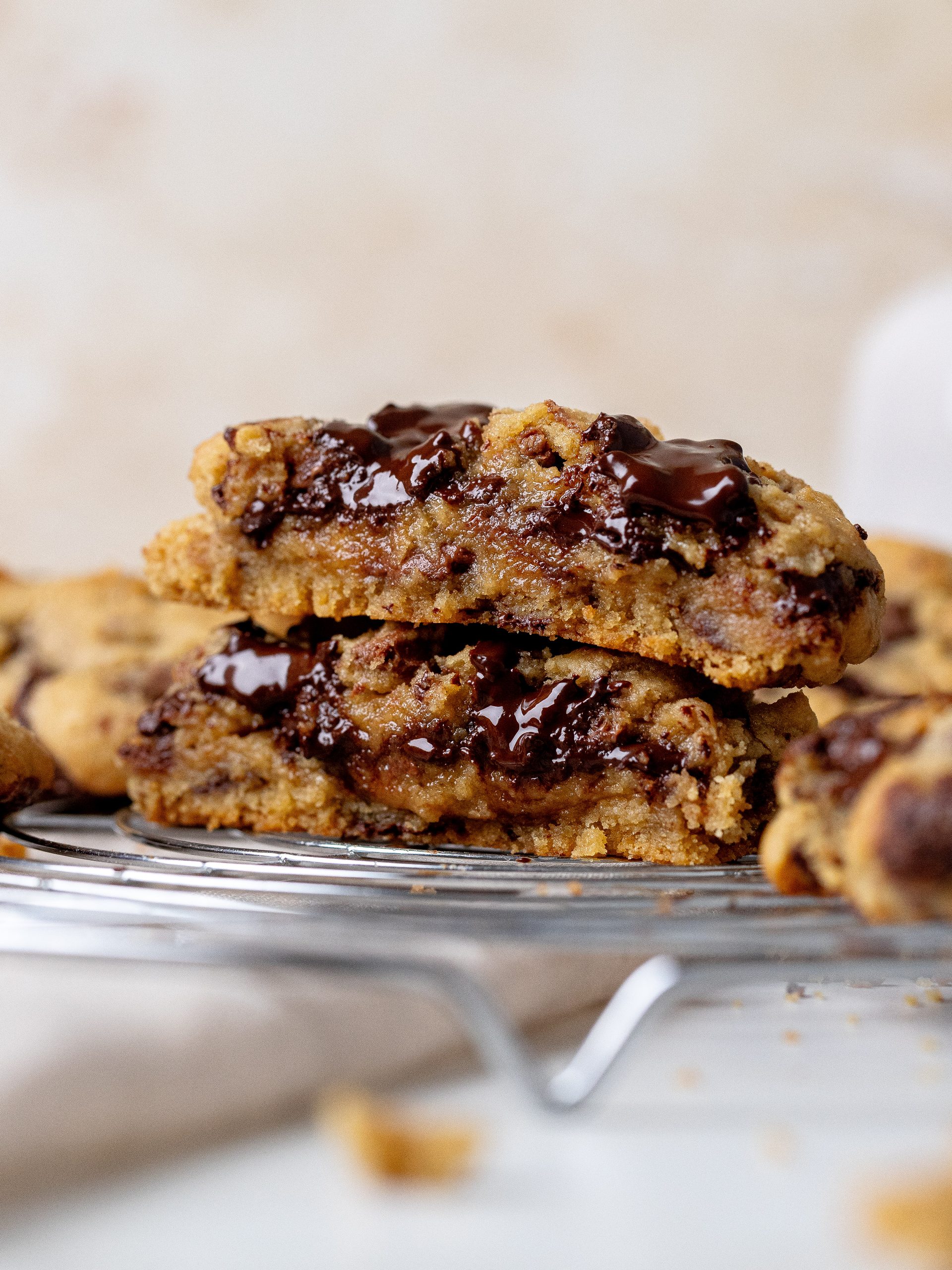 Thick chocolate chip cookie with a soft center and melted milk and dark chocolate